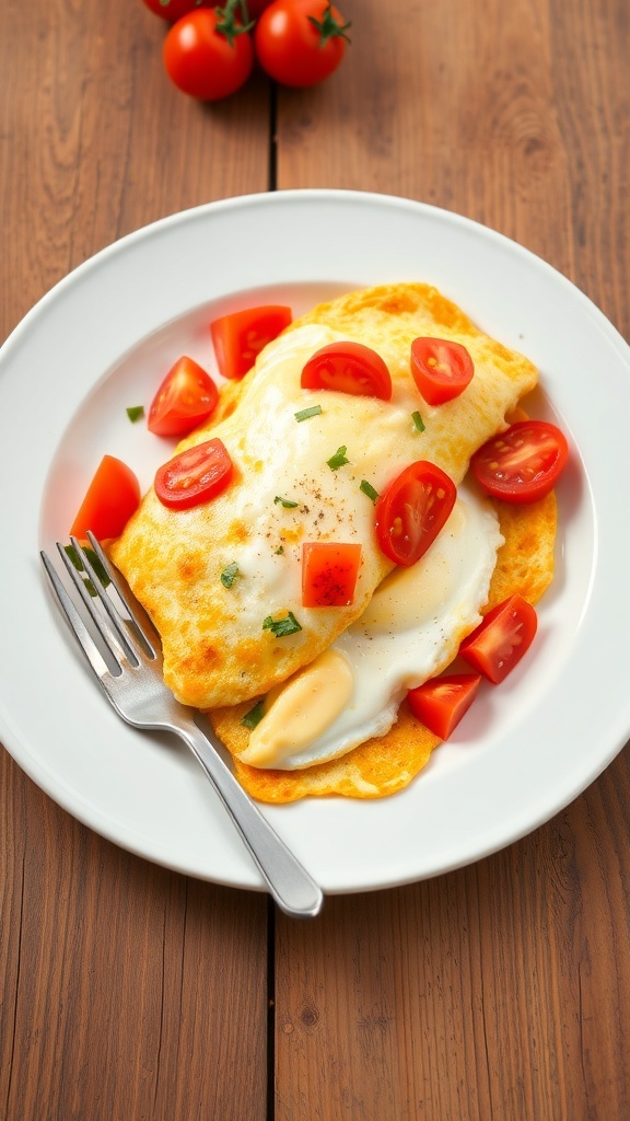 Savory Tomato Omelette Recipe A savory tomato omelette with diced tomatoes and herbs on a white plate, accompanied by a fork on a wooden table.